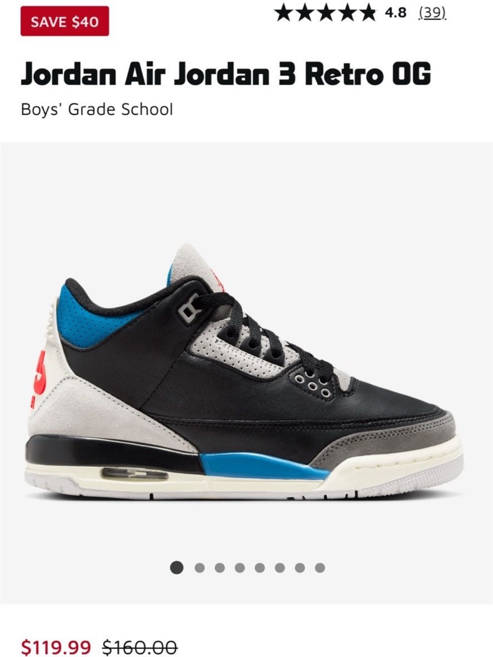 Jordan Boys' Black/Gray/Blue Air Jordan 3 Retro Low-Top Sneakers